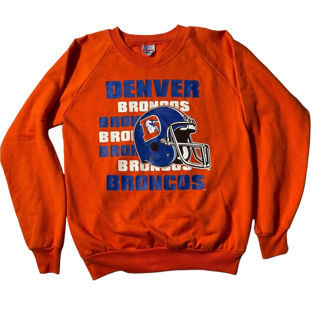 VTG 80s Denver Broncos Orange Large Logo Crewneck Sweatshirt Tag Sz M Garan NFL